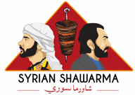 Logo for Syrian Shawarma with cartoon faces and a kebab on a red background